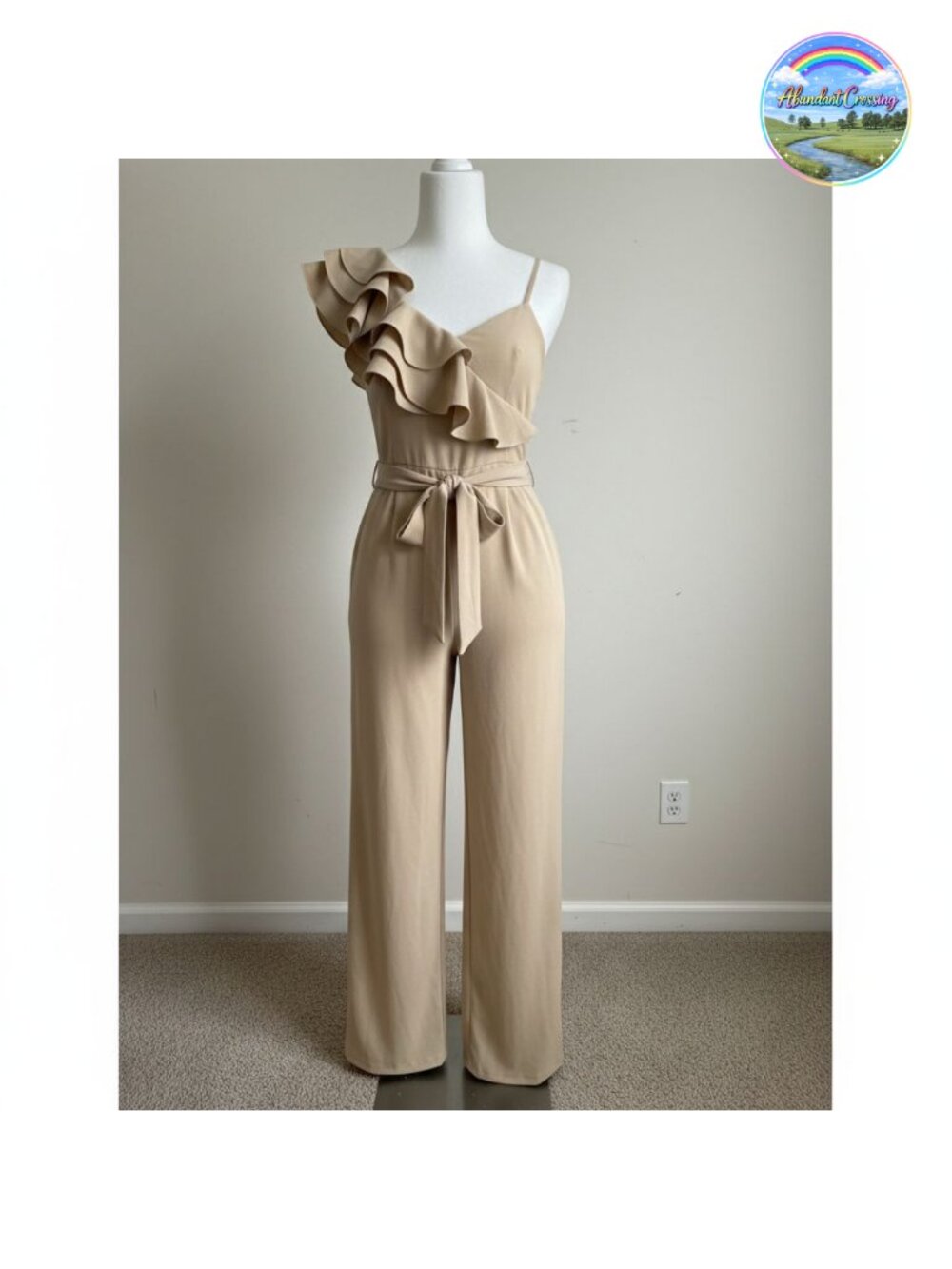 Womens Ruffle One Shoulder Wide Leg Belted Jumpsuit Sleeveless V-Neck